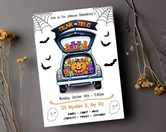 May include: A white invitation with a cartoon illustration of a car trunk full of candy and pumpkins. The text reads "Join us for Johnson Elementary's Trunk or Treat" and includes the date, time, and location of the event.