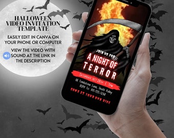 Halloween-videoinbjudan redigerbar festmall Liemannen med flammor animation inbjudan