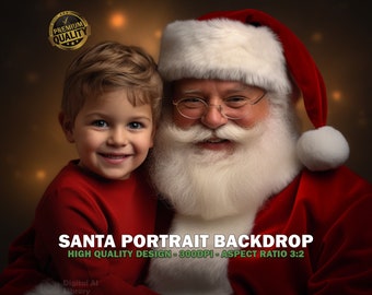 Puede incluir: Un telón de fondo digital con un Papá Noel y un niño, ambos vestidos de rojo y blanco. El telón de fondo está diseñado para la fotografía de retratos y tiene un diseño de alta calidad con una resolución de 300 DPI y una relación de aspecto de 3:2.