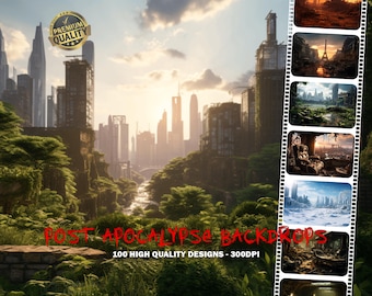 Puede incluir: Una ilustración digital de una ciudad postapocalíptica con vegetación exuberante y un río que fluye por el centro. La imagen incluye una tira de película con varias escenas de una ciudad en ruinas, incluida una escena con la Torre Eiffel.