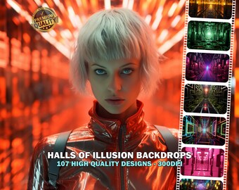 107 Hall of Illusion Backdrops, Cyberpunk, Sci-Fi, Futuristic, Trippy, Neons, Photoshop, Photo Editing, Cosplay Backgrounds, Twitch, TikTok