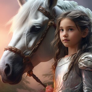 Puede incluir: Una persona joven con armadura plateada est&aacute; de pie junto a un caballo blanco con una brida marr&oacute;n. El caballo tiene una larga melena y cola. El fondo es una suave y c&aacute;lida puesta de sol con flores rosas.