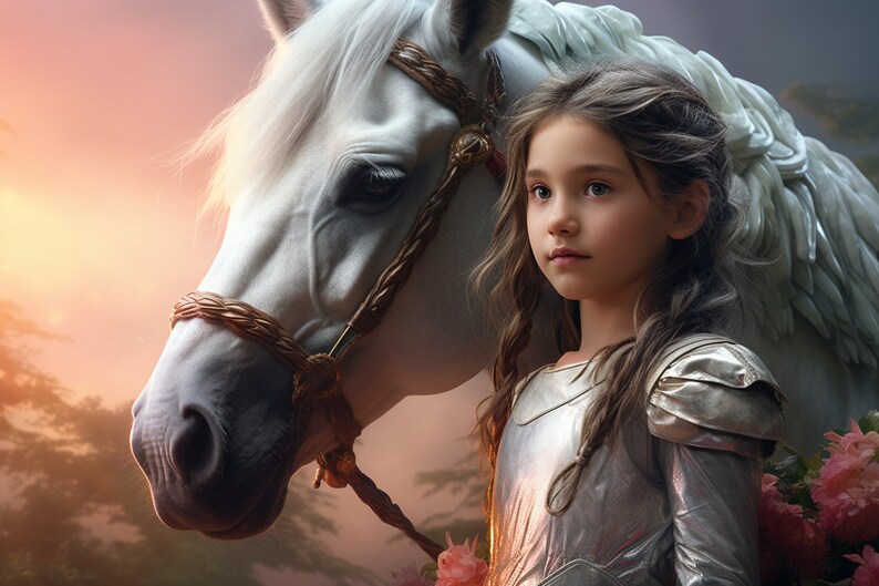 Puede incluir: Una persona joven con armadura plateada est&aacute; de pie junto a un caballo blanco con una brida marr&oacute;n. El caballo tiene una larga melena y cola. El fondo es una suave y c&aacute;lida puesta de sol con flores rosas.