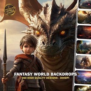 Puede incluir: Imagen de arte digital de fantas&iacute;a que presenta a un joven con una lanza junto a un gran drag&oacute;n. La imagen incluye el texto "FANTASY WORLD BACKDROPS" y "260 HIGH QUALITY DESIGNS - 300DPI". Un sello dorado con las palabras "PREMIUM QUALITY" est&aacute; en la esquina superior izquierda.