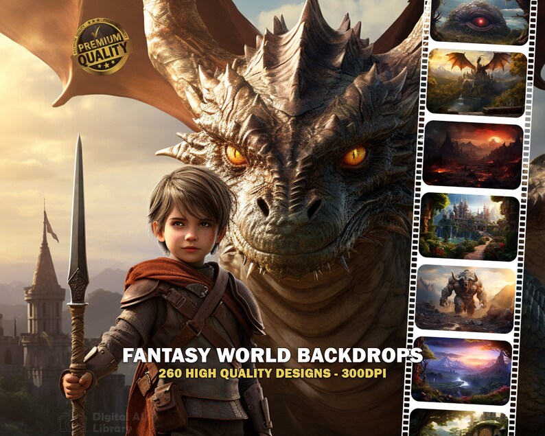 Puede incluir: Imagen de arte digital de fantas&iacute;a que presenta a un joven con una lanza junto a un gran drag&oacute;n. La imagen incluye el texto "FANTASY WORLD BACKDROPS" y "260 HIGH QUALITY DESIGNS - 300DPI". Un sello dorado con las palabras "PREMIUM QUALITY" est&aacute; en la esquina superior izquierda.