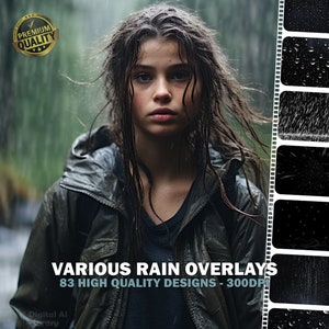 May include: A woman wearing a dark jacket stands in the rain. The image includes a film strip with various rain overlay effects. The text on the image reads "Various Rain Overlays 83 High Quality Designs - 300DPI".