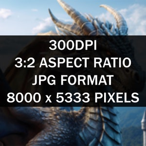 Puede incluir: Ilustraci&oacute;n digital de un drag&oacute;n con un castillo al fondo. La imagen incluye el texto: 300DPI, 3:2 ASPECT RATIO, JPG FORMAT, 8000 x 5333 PIXELS. El drag&oacute;n tiene una apariencia detallada y texturizada.