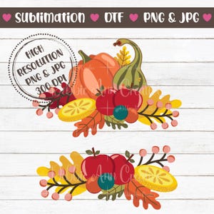 May include: A digital illustration of a fall harvest scene with a pumpkin, gourds, apples, lemons, leaves, and berries. The illustration is in a cartoon style with bright colors and a white background.