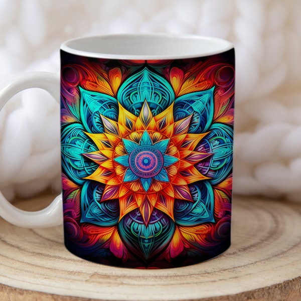 Psychedelic Flower Mandala Mug Design, Wrap Sublimation Design, Multicolor Coffee Mug Design, 11oz Mug Template, PNG, PDF, Instant Download