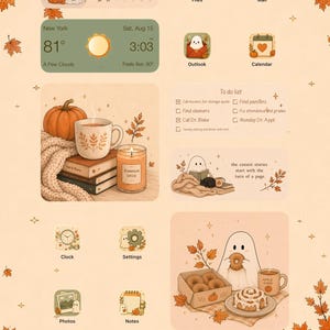 May include: A digital tablet interface featuring an autumn-themed aesthetic with a light orange background, seasonal leaf accents, and custom app icons depicting ghosts. Widgets display a calendar, weather, a to-do list, and illustrations of ghosts with pumpkins, books, and pastries.