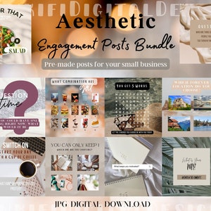 May include: A set of nine digital social media post templates for small businesses. The templates feature a variety of engagement prompts, including "This or That", "Question Time", "You Get 5 Words", and "Which Forever Location Do You Choose?"