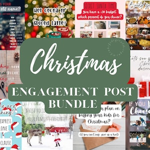 May include: A collage of nine images with Christmas-themed engagement post ideas. The images include questions like "What is your Christmas elf name?" and "Which holiday is your family's favorite?"