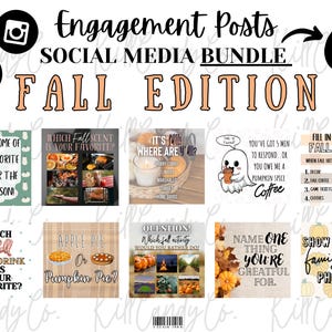 May include: A set of 10 social media post templates for fall. The templates feature a variety of fall-themed prompts and questions, such as "Tell us some of your favorite buys for the fall season!" and "Which fall scent is your favorite?"