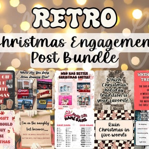 May include: A set of nine retro-style Christmas engagement posts with various prompts for social media. The posts feature a variety of Christmas themes, including movies, coffee, and traditions.