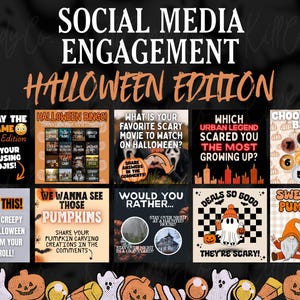 May include: A collection of Halloween-themed social media engagement graphics. The graphics include prompts for emoji games, bingo, favorite scary movies, urban legends, and pumpkin carving. The overall color scheme is orange, black, and white.