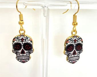 Colorful Sugar Skull Earrings For Dia De Los Muertos, Day Of The Dead, Hook Attachment