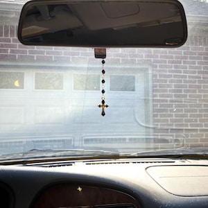 Black Bead Crucifix Rear View Mirror Charm, Christian Car Accessory