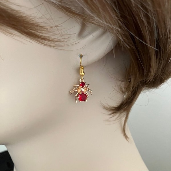 Sparking Gold Tone Spider With Red Rhinestone (Simulated Ruby) or Green Rhinestone (Simulated Emerald)  Earrings-Halloween-Cosplay