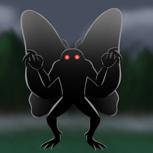 May include: A black silhouette of a moth-like creature with large wings and glowing red eyes. The creature is standing in front of a blurry background of trees and a body of water.