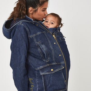 Jaqueta jeans para carregar bebês | Casaco conversível para carregar bebês | Casacos com capuz para pais e filhos para mães e bebês