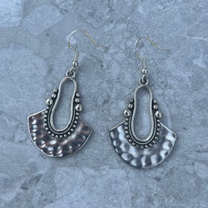 Silver Boho Chic Hammered Drop Earrings