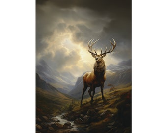 Scottish Stag in a Glen in romantic style. Rolled Print Wall Art. Ideal to bring Scottish wildlife into your home decor, or as Scottish Gift
