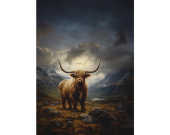 Highland Cow Print, Moody Scottish Glen Art, Scotland Decor (Rolled Poster)