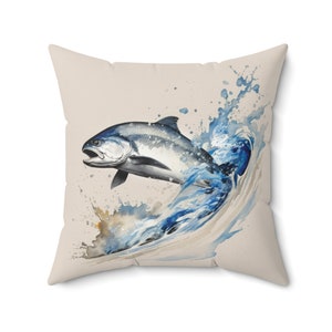 BEIGE: Leaping Scottish Salmon, Cushion/Pillow, Wildlife Watercolour Cushion/Pillow, Wildlife Lover, Scottish Wildlife Designs