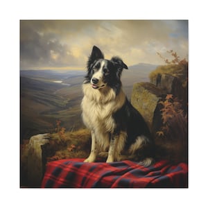 Schottischer Border Collie Kunstdruck auf Leinwand im klassischen Stil. Ideal, um Schottland und Hunde in Ihre Wohnkultur zu bringen - Geschenk für Hundeliebhaber
