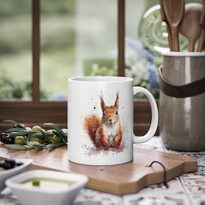 Scottish Red Squirrel Mug, watercolour style. Bring Scottish highland wildlife into your kitchen decor. A perfect gift for nature lovers