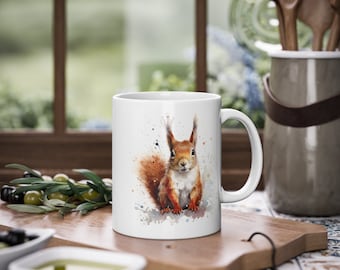 Scottish Red Squirrel Mug, watercolour style. Bring Scottish highland wildlife into your kitchen decor. A perfect gift for nature lovers