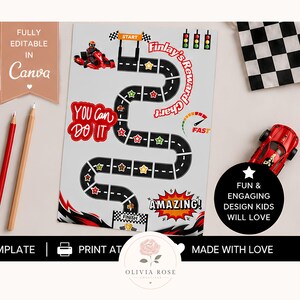 May include: A printable reward chart featuring a go-kart racing theme with a winding black track, colorful stars, and the text Finlay's Reward Chart, You Can Do It, and Amazing. The design includes a start line, finish line, and traffic lights.