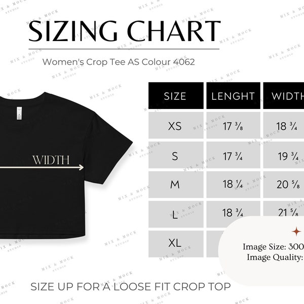 AS Colour 4062 Crop Tee Mockup xs to xl Sizing Chart Size Chart Crop Tee Sizing Chart AS Colour Sizing Chart AS Colour Crop Top Sizing Chart