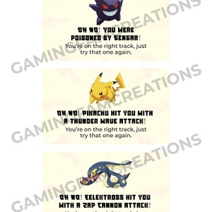 Puede incluir: Tres cartas ilustradas con personajes de Pok&eacute;mon. La primera carta presenta un Gengar morado y negro con el texto "&iexcl;Oh no! &iexcl;Fuiste envenenado por Gengar! Est&aacute;s en el camino correcto, int&eacute;ntalo de nuevo.". La segunda carta presenta un Pikachu amarillo con el texto "&iexcl;Oh no! &iexcl;Pikachu te golpe&oacute; con un ataque de onda de trueno! Est&aacute;s en el camino correcto, int&eacute;ntalo de nuevo.". La tercera carta presenta un Eelektross azul y amarillo con el texto "&iexcl;Oh no! &iexcl;Eelektross te golpe&oacute; con un ataque de ca&ntilde;&oacute;n de rayos! Est&aacute;s en el camino correcto, int&eacute;ntalo de nuevo."
