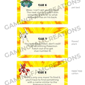 Puede incluir: Tres tarjetas amarillas y negras con un personaje de dibujos animados de Pokemon en cada tarjeta. Las tarjetas tienen el texto "Pista 6", "Pista 7" y "Pista 8" en ellas. El texto en las tarjetas incluye pistas para una b&uacute;squeda del tesoro.