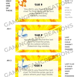 Puede incluir: Tres tarjetas amarillas y negras con un personaje de dibujos animados en cada tarjeta. Las tarjetas son para un juego de b&uacute;squeda del tesoro y cada tarjeta tiene el texto "Clue 9" e instrucciones para encontrar la siguiente pista. La primera tarjeta tiene un Pikachu de dibujos animados, la segunda tarjeta tiene un Squirtle de dibujos animados y la tercera tarjeta tiene un Blastoise de dibujos animados.
