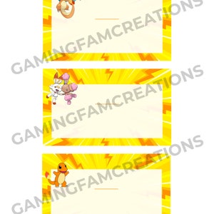 Puede incluir: Tres etiquetas de regalo imprimibles con tem&aacute;tica de Pok&eacute;mon con dise&ntilde;os de rayos amarillos y naranjas. Cada etiqueta presenta un personaje de Pok&eacute;mon diferente: Charizard, Eevee y Pikachu.