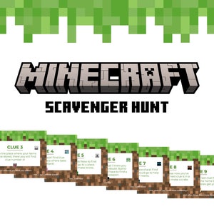 May include: A Minecraft-themed scavenger hunt game with nine cards featuring clues and instructions. The cards are green, brown, red, and black with white text. The cards have the text "It's your birthday!" "Clue 1" "Clue 2" "Clue 3" "E4" "E5" "E6" "E7" "E8" "E9" "Oh no! You got blown up by a creeper!" "Oh no! You hit a TNT trap!" "Oh no! You stared into an Enderman's eyes!"