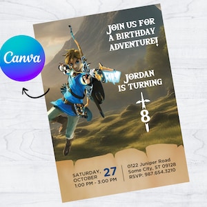 Zelda Birthday Party Invitation, Canva Editable Template Instant Download