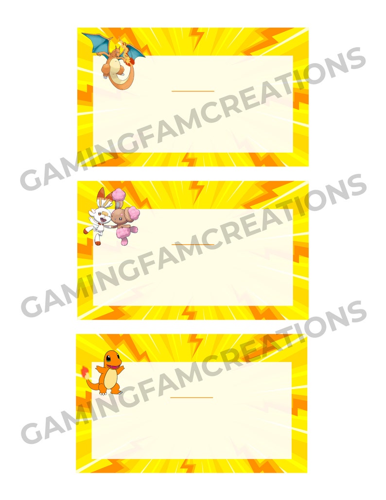 Puede incluir: Tres etiquetas de regalo imprimibles con tem&aacute;tica de Pok&eacute;mon con dise&ntilde;os de rayos amarillos y naranjas. Cada etiqueta presenta un personaje de Pok&eacute;mon diferente: Charizard, Eevee y Pikachu.