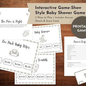 May include: A collection of printable baby shower game cards. The cards include "The Price is Right", "One Pack Baby Wipes", and "Baby Shampoo". The game cards are white with black text and illustrations. The words "Interactive Game-Show Style Baby Shower Game" are at the top.