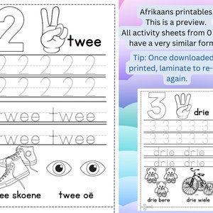 May include: Black and white printable activity sheet for learning the number two. Includes the number 2, the word "twee", a hand showing two fingers, and tracing exercises. Also features illustrations of two shoes and two eyes.