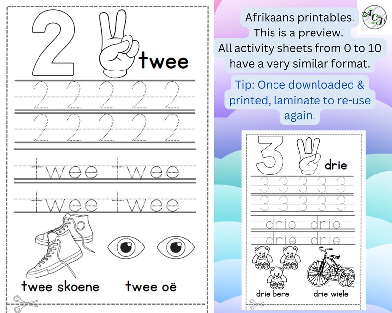 May include: Black and white printable activity sheet for learning the number two. Includes the number 2, the word "twee", a hand showing two fingers, and tracing exercises. Also features illustrations of two shoes and two eyes.