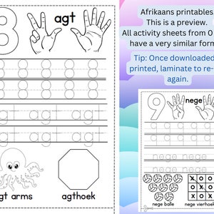 May include: Black and white printable activity sheets for learning numbers. The sheet features the number 8, hand gestures, and tracing exercises. The text includes "agt arms" and "agthoek". The preview also shows the number 9 and other exercises.