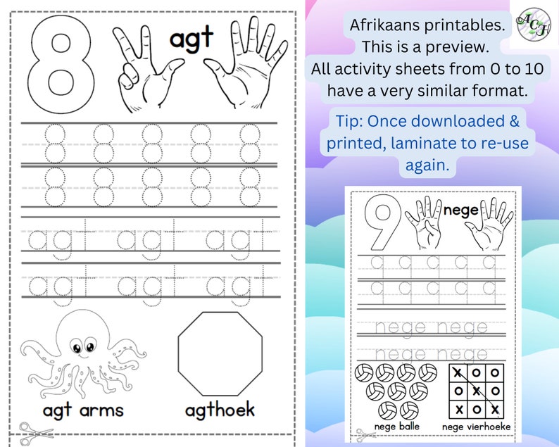 May include: Black and white printable activity sheets for learning numbers. The sheet features the number 8, hand gestures, and tracing exercises. The text includes "agt arms" and "agthoek". The preview also shows the number 9 and other exercises.
