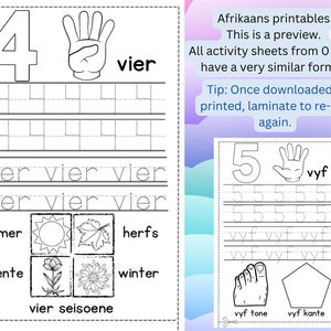 May include: A black and white printable worksheet for learning the number four in Afrikaans. The worksheet includes the number 4, a hand showing four fingers, and the word "vier". It also features tracing lines and images of the four seasons.