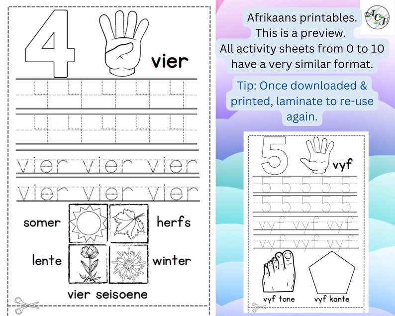May include: A black and white printable worksheet for learning the number four in Afrikaans. The worksheet includes the number 4, a hand showing four fingers, and the word "vier". It also features tracing lines and images of the four seasons.