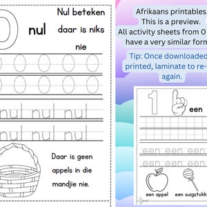 May include: Black and white printable activity sheets for learning numbers. The sheets feature the number 0 and the word "nul" with tracing lines. The text "Afrikaans printables" and "This is a preview" are also visible.