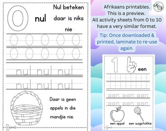 Op de afbeelding: Zwart-wit printbare werkbladen voor het leren van getallen. De vellen tonen het getal 0 en het woord "nul" met traceerlijnen. De tekst "Afrikaans printables" en "This is a preview" zijn ook zichtbaar.