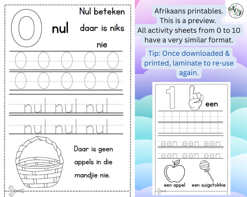 May include: Black and white printable activity sheets for learning numbers. The sheets feature the number 0 and the word "nul" with tracing lines. The text "Afrikaans printables" and "This is a preview" are also visible.